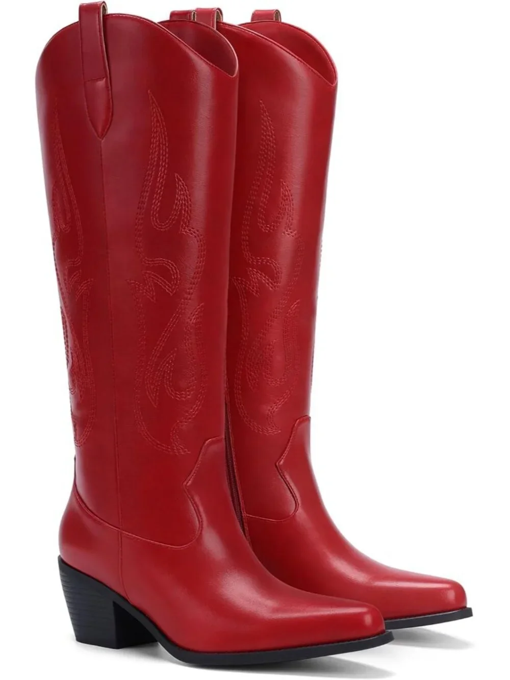 Women's Dark  Red Knee High Wide Calf Cowboy Boots, Pointed Toe Chunky Heel - Picture 5 of 5